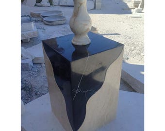 Modern Marble Travertine Console Table with Toros Black Stone , Unique Rectangular Pedestal Stand, Designer Veined Marble Vase Display