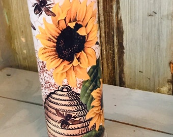 Sunflower Tumbler, 20 oz skinny tumbler, Bee hive, bees