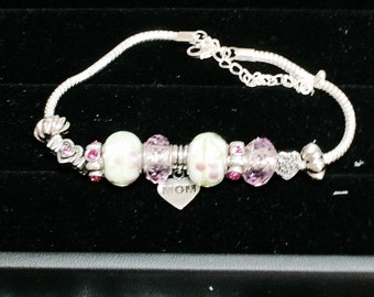 Mother Charm Bracelet  - Pink Beads - mom heart