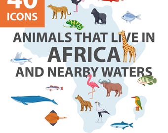 40 animales, aves y peces que viven en África. Ilustraciones vectoriales de dibujos animados. Formatos AI CS, EPS10, PNG y SVG.