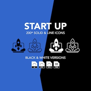 Puede incluir: Gráfico con las palabras "START UP" y "200* SOLID & LINE ICONS" en blanco sobre un fondo azul y negro. Incluye iconos de cohetes en blanco y negro, además de iconos de tipo de archivo para AI, EPS, SVG y PNG.