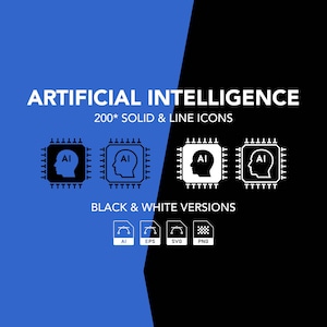 May include: A graphic featuring the words "ARTIFICIAL INTELLIGENCE" and "200* SOLID & LINE ICONS." The image includes black and white icons of a human head inside a circuit board, along with file type icons.
