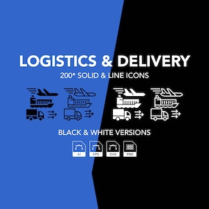Puede incluir: Gráfico con el texto "LOGISTICS & DELIVERY" y "200* SOLID & LINE ICONS". La imagen presenta iconos en blanco y negro de métodos de transporte, incluyendo un avión, un barco, un camión y un tren. La imagen también muestra iconos de tipo de archivo.