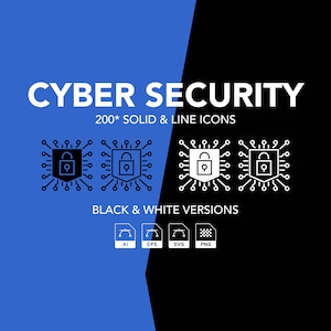 Puede incluir: Gráfico con las palabras "CYBER SECURITY" en blanco, junto con el texto "200* SOLID & LINE ICONS". La imagen presenta iconos en blanco y negro de un candado dentro de una placa de circuito. La parte inferior de la imagen muestra iconos de tipo de archivo.