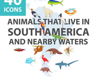 Conjunto de iconos de animales de Sudamérica, 40 ilustraciones vectoriales (ai, eps, svg, png)