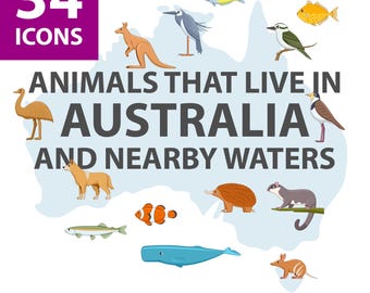 Paquete de Animales de Australia. 34 animales, peces y aves diferentes. Conjunto de iconos de animales adorables. Formatos AI, CS, EPS10, PNG y SVG. Uso comercial.