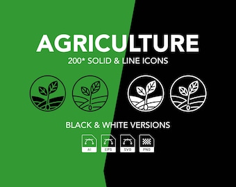 Agriculture Icon Set | Farming Outline, Solid (ai, eps, png, svg)