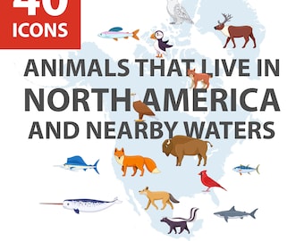 Conjunto de iconos de animales de Norteamérica, estilo dibujos animados (ai cs, eps10, png, svg)