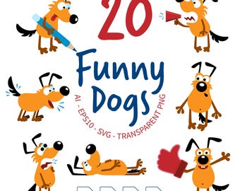 Funny Dogs set /  Bundle of 20 dog Icons / Cute Pet Dog Cartoon Graphics / AI / EPS10 / PNG / SVG