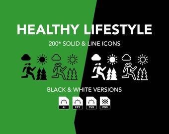 Healthy Lifestyle Icon Set | Fitness, Wellness Graphics (ai, eps, png, svg)