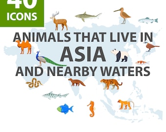 Paquete de Animales de Asia. 40 animales, peces y aves diferentes. Conjunto de iconos de animales adorables. Formatos AI, CS, EPS10, PNG y SVG. Uso comercial.