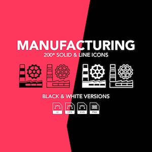 May include: A graphic design featuring the word "MANUFACTURING" in white text, along with factory icons and file type icons. The background is split diagonally, with a black and red section. The text "200* SOLID & LINE ICONS" is also present.
