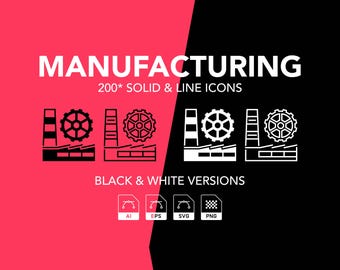 Manufacturing Icon Set: Factory Outline, Solid (AI, EPS10, PNG, SVG)