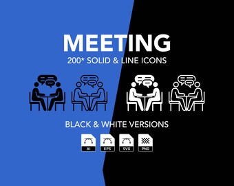 Meeting Icons Bundle: Solid and Outline, Black and White (ai, eps, svg, png