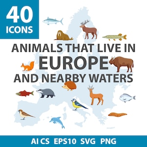 May include: An illustration with 40 animal icons, such as a deer, fish, and squirrel, and the text "Animals That Live in Europe and Nearby Waters." The background shows a map of Europe.