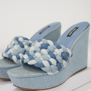 Jean Wage Denim Block Heels Knöchelriemen Blau Jeans Chunky Heel