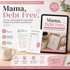 Könnte beinhalten: Ein Finanzplaner mit dem Titel "Mama, Debt Free" in rosa und weiß. Das Bild enthält ein Tablet, Arbeitsblätter, eine Tasse und einen Notizblock. Der Planer verspricht Hilfe bei Budgetierung und Schuldenabbau. Der Text enthält "Sofort-Download" und "Druckbares PDF."