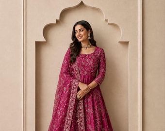Pink Embroidered Chinnon Silk Anarkali Gown, Pakistani Salwar Kameez