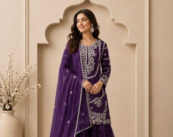 Purple Chinon Silk Embroidery Palazzo Suit With Dupatta , Indian Wedding Guest Wear Outfit