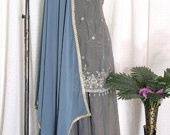 Salwar Kameez pakistaní gris con bordado de seda, trajes listos para usar, trajes Palazzo Sharara inspirados en celebridades de Bollywood