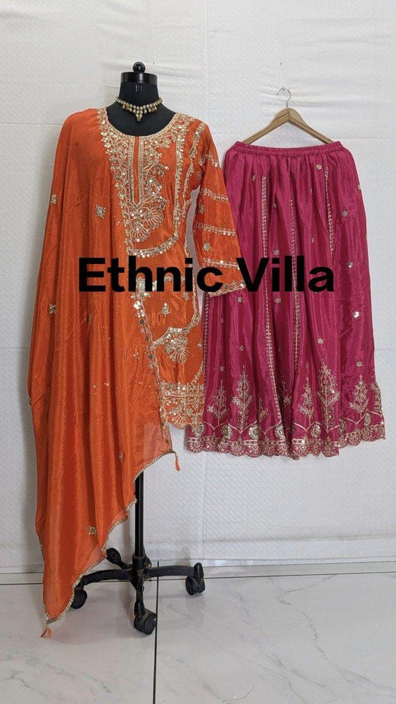 Orange Pakistani Salwar Kameez Ready To Wear Suits Eid Dresses Top Palazzo Sharara Gharara Indian Ethnic Wedding Party Wear Bridesmaid