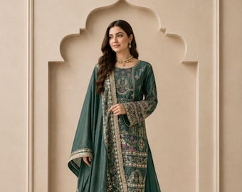 Green Embroidered Patiyala Suit: Heavy Crepe, Lace, Wedding Ready (Stitched)