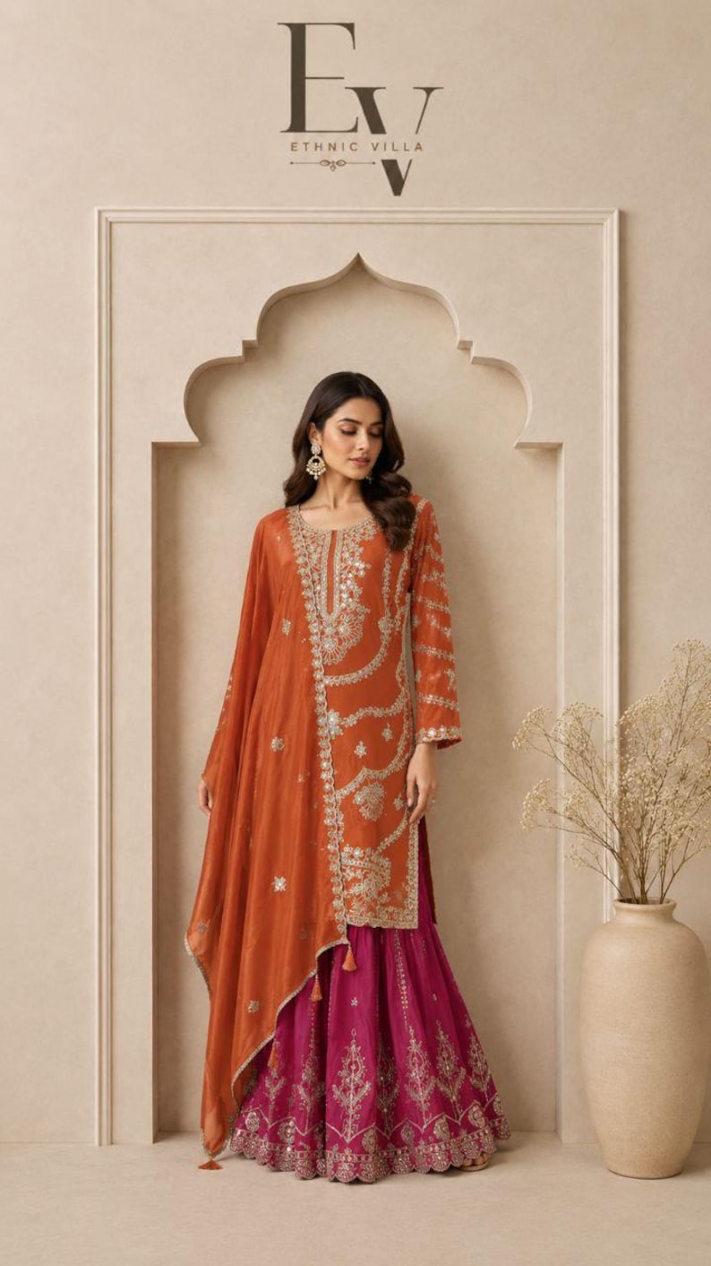 Conjunto de traje sharara bordado de seda chinon color naranja óxido y magenta, vestido de diseñador para bodas indias, imagen 1
