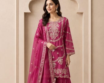 Pink Pakistani Salwar Kameez Ready To Wear Suits Eid Dresses Top Palazzo Sharara Gharara Indian Ethnic Wedding Party Wear Bridesmaid