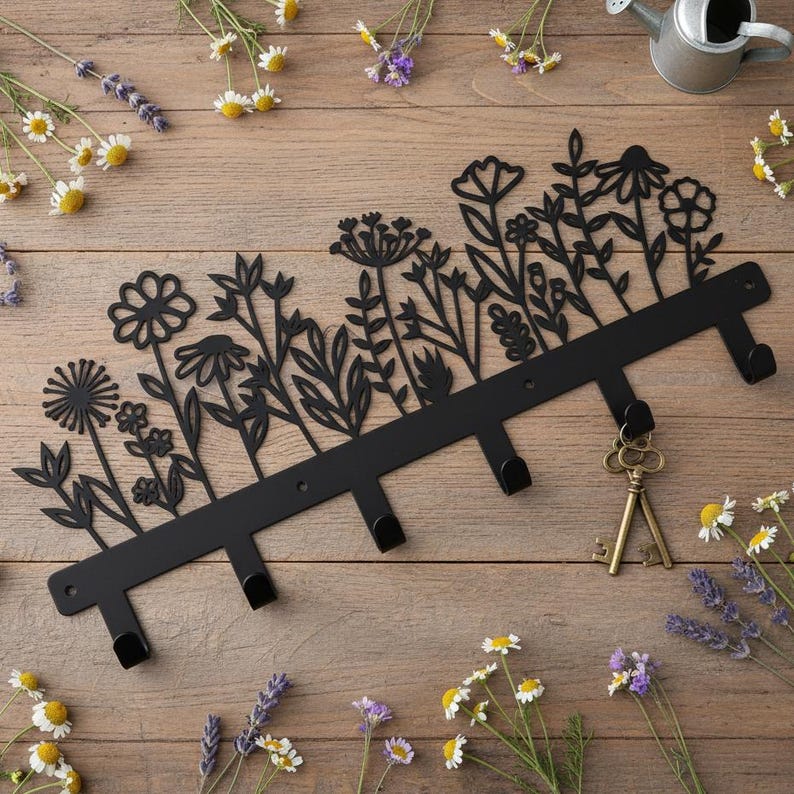 Key Racks Flowetr Metal Plant Wall Hook,floral Entryway Decor Sign,botanical Metal Towel ...
