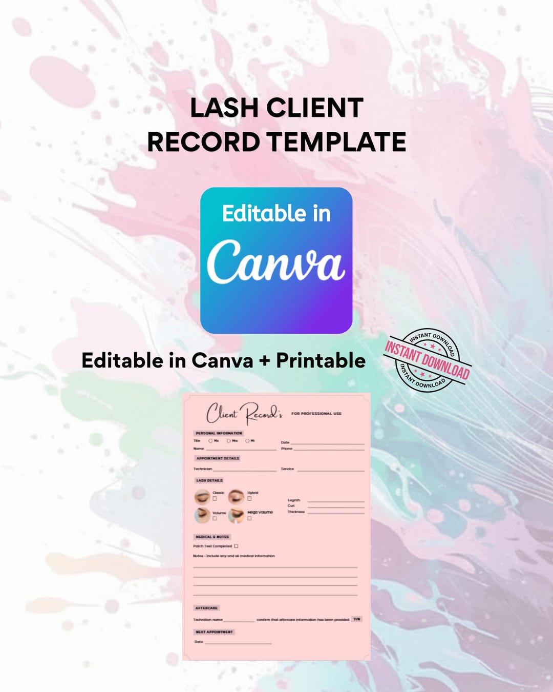 Lash Client Record Template Editable Canva Printable, Lash Tech Client ...