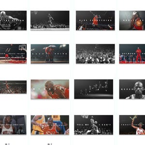 Può includere: Una collezione di immagini a tema basket, principalmente in bianco e nero, con scatti d'azione e ritratti di un giocatore di basket. Ogni immagine include testo motivazionale come "Chase the Vision" e "Never Settle". Il giocatore indossa una divisa rossa e nera.