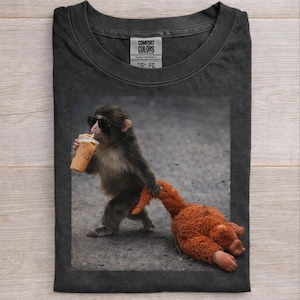 Baby Monkey Punch Drinking Iced Coffee Shirt, Animal Lover Gift, Trendy Tee, Digital File, PNG, Used for printing on shirts