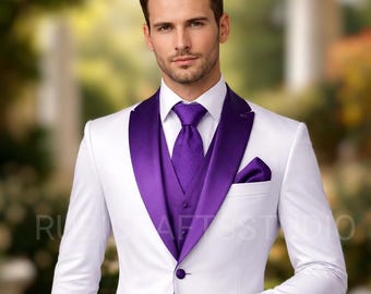 Luxury White & Purple Tuxedo Suit Men's 3 Piece Groom Bespoke Wedding Suit