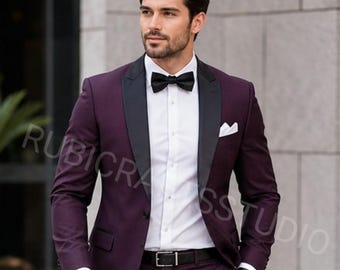 Men's Stylish Party Wear Purple Suit 2 Piece Slim Fit Peak Lapel Wedding Suits