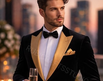 Men's Black Velvet Groom Jacket Slim Fit Gold Lapel Tuxedo Party Dinner Jacket