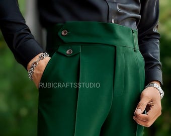 Herren Grün Plissee Festliche Hose - Elegante Dinner Hose