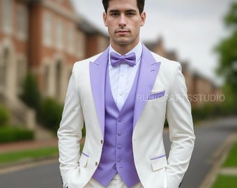 White & Purple Tuxedo Suit: 3-Piece Wedding Groom Wear Suit