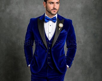 Blue Velvet Tuxedo Suits 3 Piece Wedding Groom, Prom Suit
