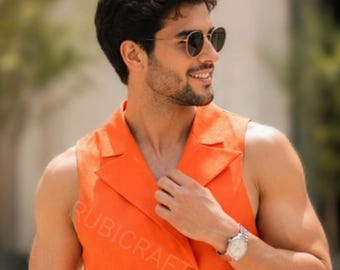 Men's Orange Double-Breasted Vest and Pant Set – Formal Party Wear