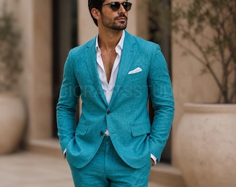 Handmade Teal Blue Linen Slim Fit Suit Men's 2 Piece Groom Wedding Suits