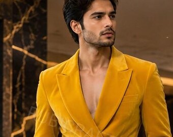 Men's Yellow Velvet Double Breasted Tuxedo Suit – Slim Fit Party Wear
