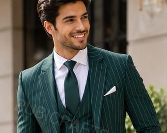 Luxury Green Striped 3 Piece Men Tuxedo Suit Party Wear Dinner Outfits