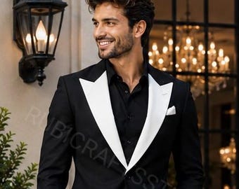 Men's Black Tuxedo Suit 2 Piece Slim Fit White Lapel Party Wear Dinner Suits