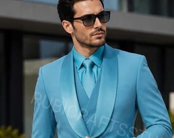 Men's Sky Blue 3 Piece Suit Tuxedo Slim Fit Groom Wedding Suits