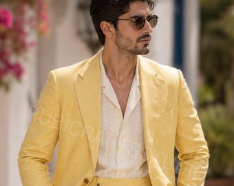 Men's Yellow Linen Suit: Two-Piece Slim Fit Wedding Party Wear