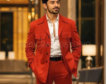 Men's Classic Orange Jodhpuri 2 Piece Safari Suits Prom Wedding Dinner Suits