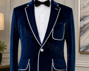 Navy Blue Velvet Slim Fit Party Jacket: White Trim Notch Lapel Dinner Jacket