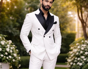 Men's White Double-Breasted Slim Fit Suit: 2 Piece Party Wear Blazer Pants