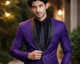 Costume de smoking violet à revers châle pour homme, tenue de soirée 2 pièces coupe slim