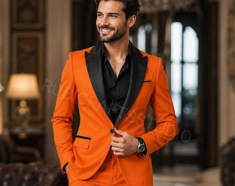 Men's Orange Tuxedo Suit 2 Piece Slim Fit Black Lapel Party Wear Dinner Suits